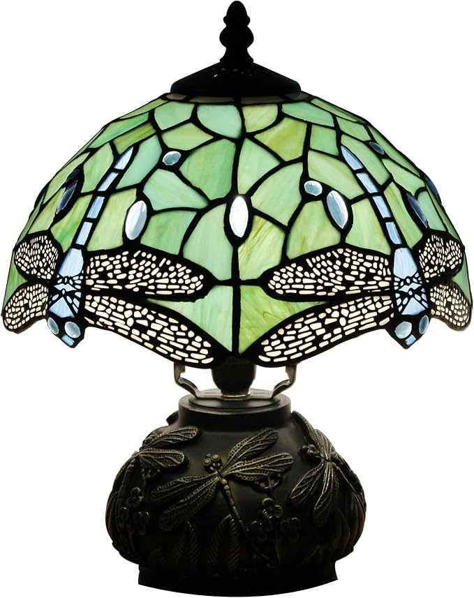 Small Tiffany Table Lamp Light Green Dragonfly Style Stained Glass Desk Lamp 10X11.5 Inch Mushroom Table Light for Office Home Living Room Bedroom