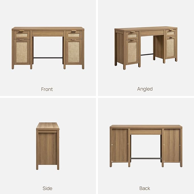 SICOTAS 52" Home Office Desk with Storage - Rattan Executive Desk with 3 Drawers and 2 Cabinets, Farmhouse Boho Larger Computer Writing Table for Study, Office, Living Room, Oak