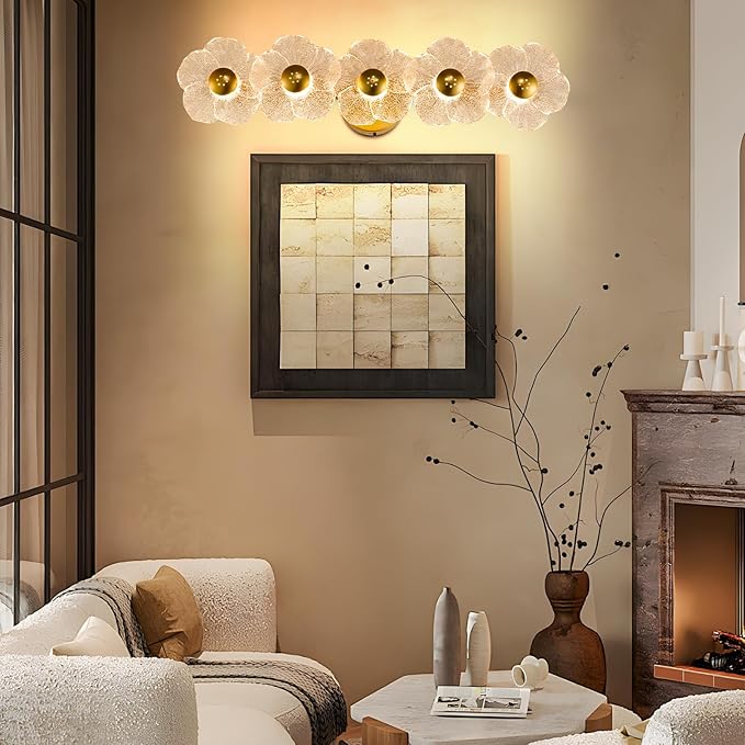 Vintage Bathroom Light Fixtures 5 Light Modern Vanity Lights with Floral Clear Glass,3-Color Temperature Picture Light Led Wall Lights Wireless Wall Sconces for Decor,Bathroom,Hallway (Gold)