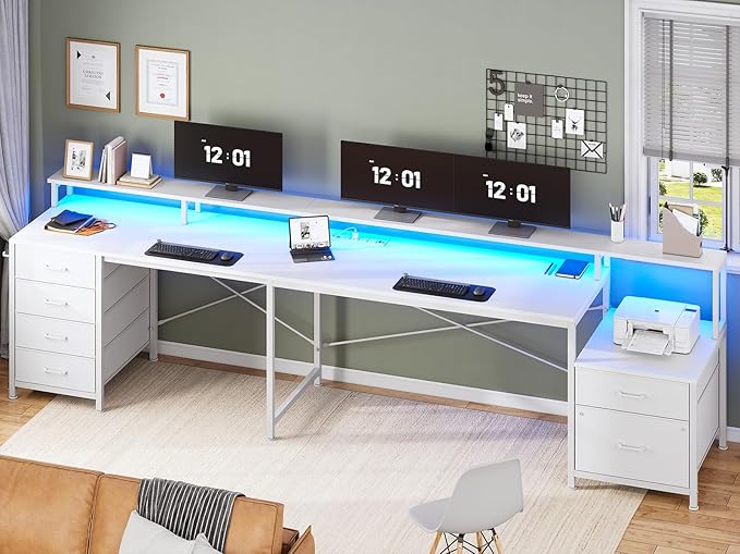 SEDETA L Shaped Desk with 6 Drawer, 108" Home Office Desk with File Drawer & Power Outlet, Corner Computer Desk with Monitor Shelf, File Cabinet, Two Person Desk, Gaming Desk with Led Lights, White