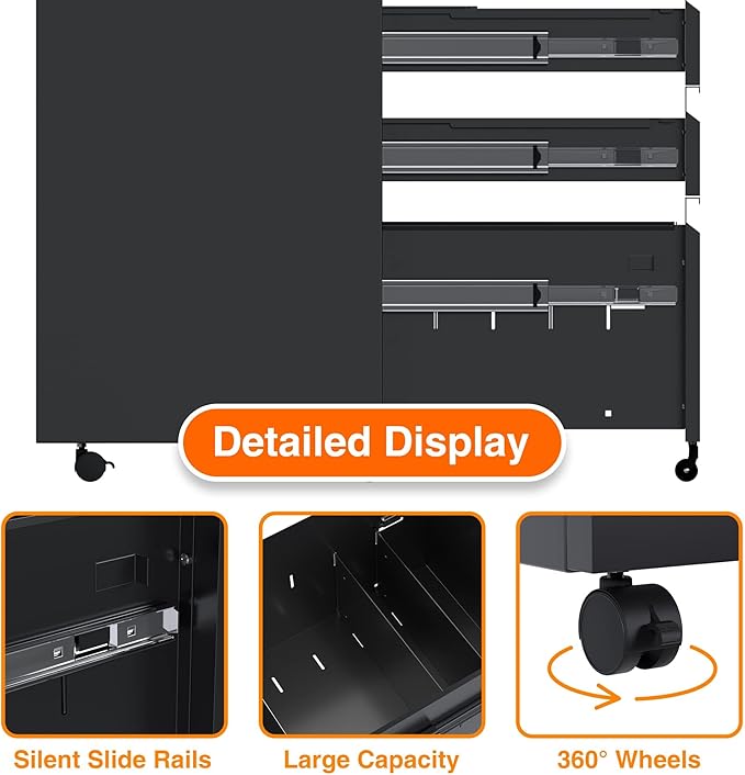 Metal Rolling File Cabinet with 3 Drawers, Under Desk Mobile Filing Storage Cabinet with Lock for Home Office Scool,Fully Assembled Except Wheels,Black