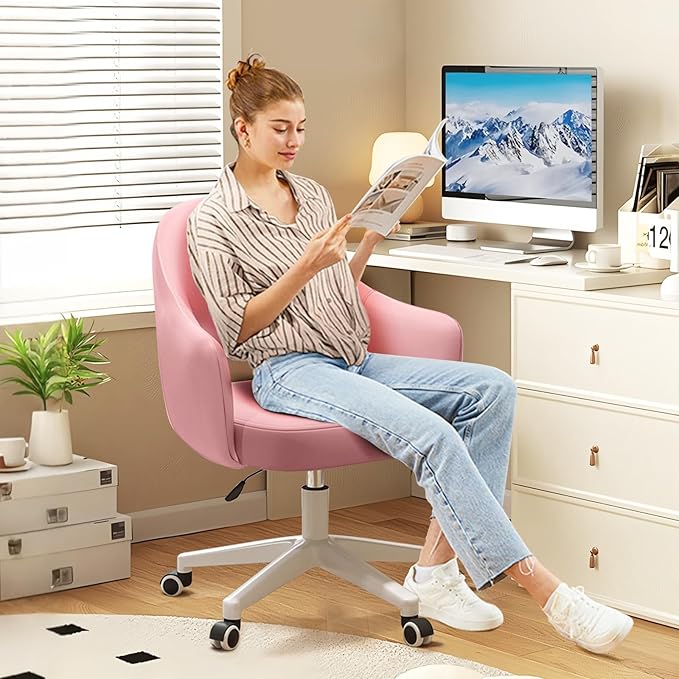 Home Office Chair Velvet Vanity Chairs Cute Makeup Desk Chair with Wheels Mid Back Computer Chairs Height Adjustable Small Swivel Rolling Task Chair
