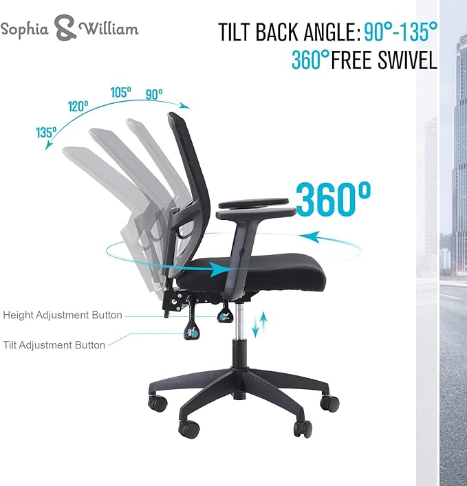 Sophia & William Ergonomic Mesh Office Desk Chair High Back, Modern 360° Swivel Executive Computer Chair with Height Adjustable Armrests, Lumbar Support, Black - 1 Pack, Load Capacity: 300 lbs