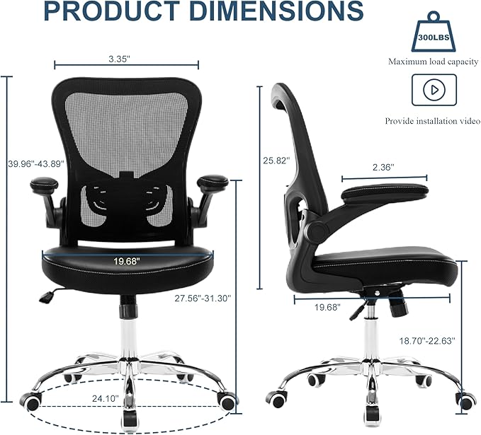 Ergonomic Office Chair with Lumbar Support, Adjustable PU Leather Computer Chair, Executive Desk Chair with Flip-up Arms, Breathable Mesh Back, Swivel Rolling Task Chair for Home Office Black