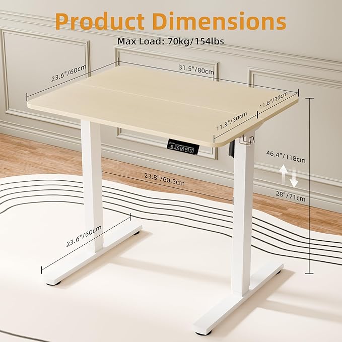ERGOMAKER Electric Standing Desk, 31.5" x 23.6" Height Adjustable Sit Stand Desk with Splice Board for Home Office, Computer Desk Memory Preset (White Frame, Gold Oak Desktop)