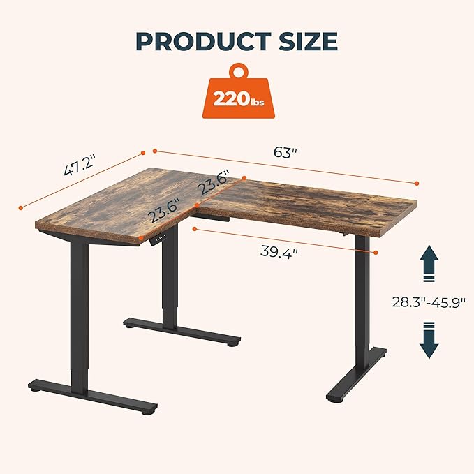 L-Shaped Standing Desk, 63 x 47 Inches Height Adjustable Desk with Storage, Sit and Stand up Desks, Ergonomic Rising Computer Table for Home Office with Splice Board, Rustic Brown