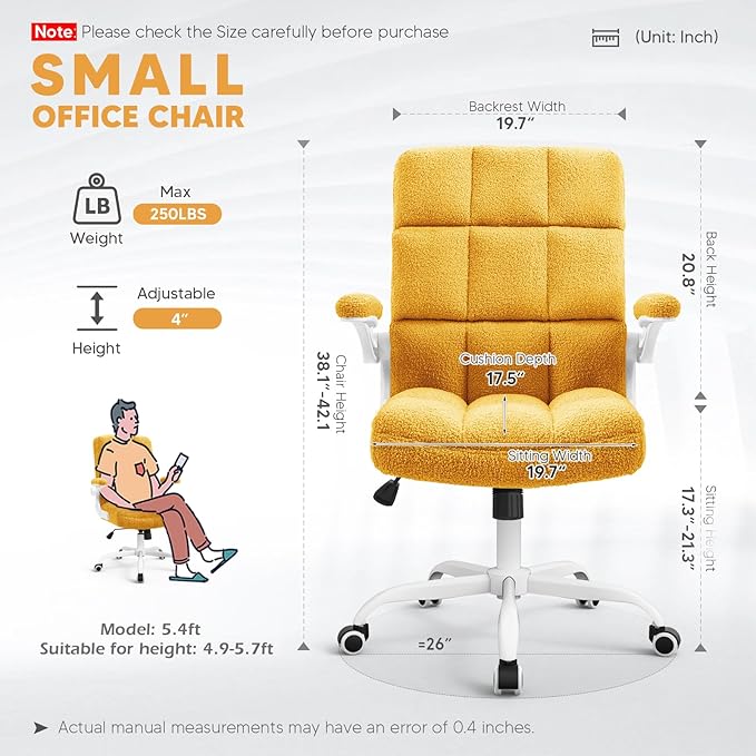 SEATZONE Comfy Office Chair,Yellow Small Desk Chair with Flip-up Armrests Adjustable Swivel Computer Chair for Home,Office,Bedroom