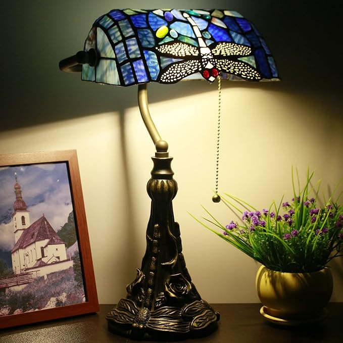 Tiffany Banker Lamp Small Stained Glass Table Lamp Tiffany Style Piano Light Blue Dragonfly Style Desk Lamp Angle Adjustable 10.6X15.7Inch for Home Office Living Room Bedroom