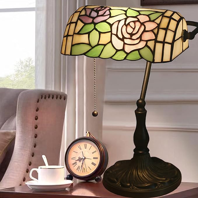 Tiffany Style Pink Rose Stained Glass Banker Desk Lamp, 10.62" W x 15.35" H, E26 Base, LED, 40W Max, Painted Alloy Base, Not Water Resistant