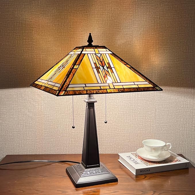 Tiffany Table Lamp,Mission Style Stained Glass Table Light,Antique Style 16 inch Large Desk Lamp,2 Lights Vintage Beside Reading Lamp for Living Room Bedroom Office