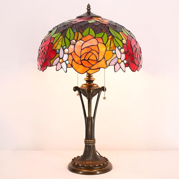 Tiffany Table Lamp Red Yellow Rose Stained Glass Desk Lamp 16X16X24 Inches Reading Light