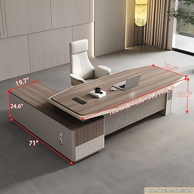 Modern Executive Desk - Solid Wood Office Desk with Hidden Electrical Hole & 2 Drawers, L Shaped Office Table with Desktop Power Supply (78.7IN)
