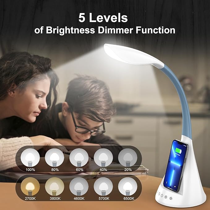 LED Desk Lamp with Wireless Charger, Modern Eye-Caring Dimmable Light for Home Office & College Dorm with 3 Color Modes, 5 Brightness, Touch Control, Adjustable Gooseneck, RGB & Night Light, White