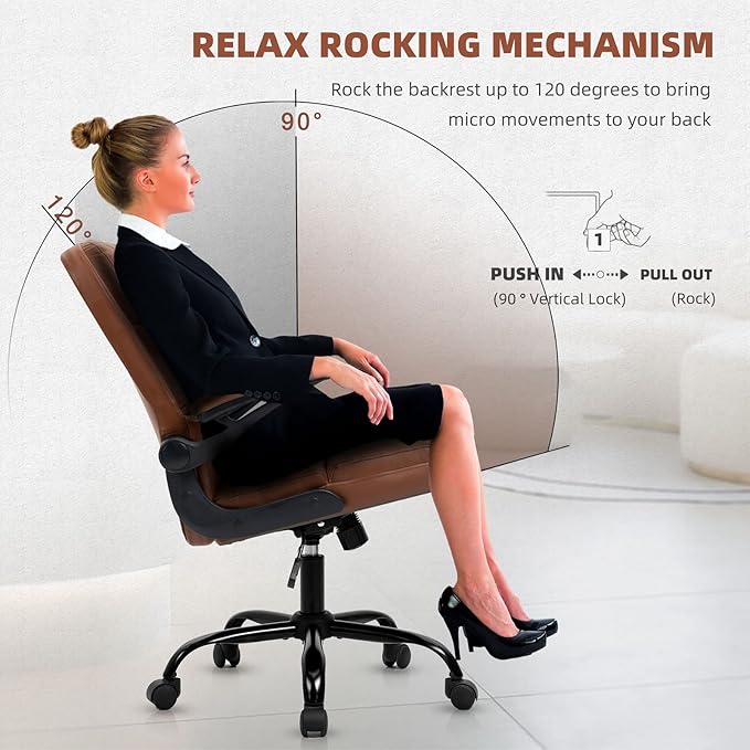SEATZONE Executive Office Chair Small PU Leather Desk Chair with Wheels,Ergonomic Computer Swivel Rolling Task Chair with Back Support,Brown