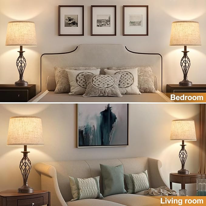 Table Lamp for Bedroom Set of 2 with USB C+A Ports - Modern Brown Bedside Lamps with Spiral Cage Base Fabric Shade - Nightstand Lamp for Living Room Reading Bed Side End Table 2 LED Bulbs Included