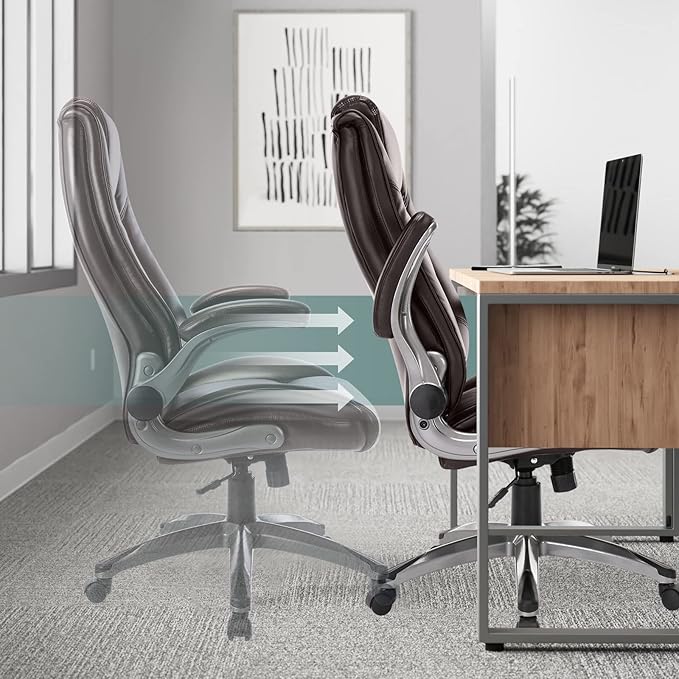 Leather Executive Office Chair - High Back Home Computer Desk Chair with Padded Flip-up Arms, Adjustable Tilt Lock, Swivel Rolling Ergonomic Chair for Adult Working Study, Brown