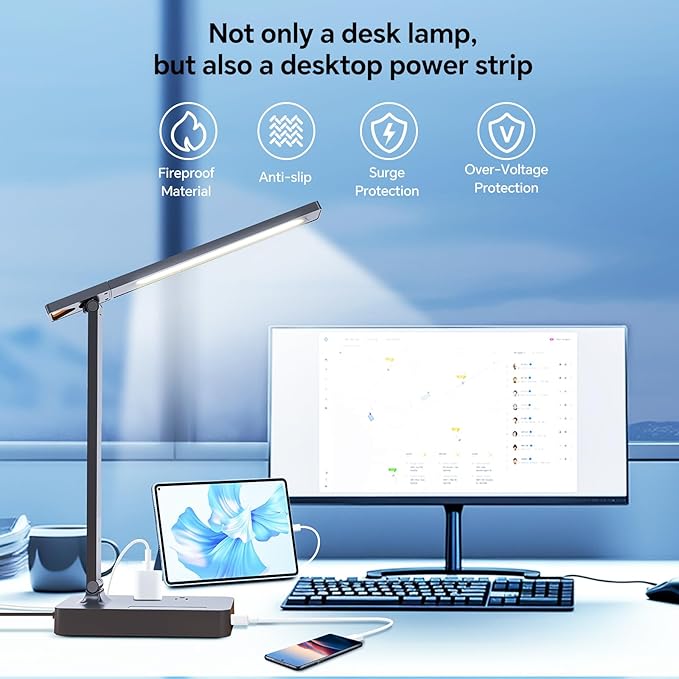 Power Strip with LED Desk Lamp, 2 Outlets 1 USB-A Ports 1 Type-C Ports, Small Desk Lamp for Home Office with Surge Protection, 5ft Extension Cord, 5 Color Modes 5 Brightness, Dorm Room Essentials
