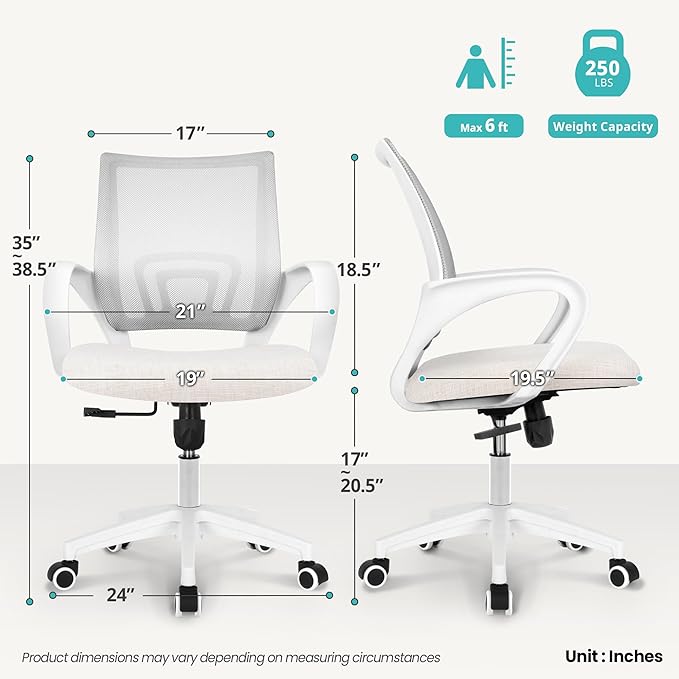 Office Chair with Ergonomic Mid Back Cushion Lumbar Support Adjustable Swivel Rolling Computer Gaming Desk Chair Comfy Mesh Seat Wheels Home Executive Use (1, Ivory)