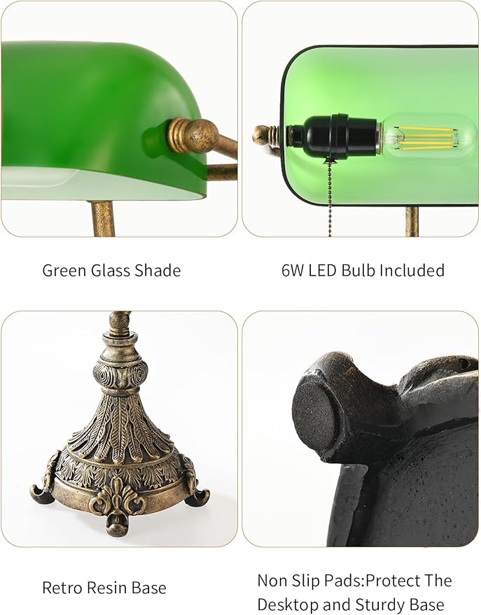Newrays Vintage Green Glass Bankers Desk Lamp for Home Office,Library with Pull Chain Switch Plug in Fixture, LED Bulb Included