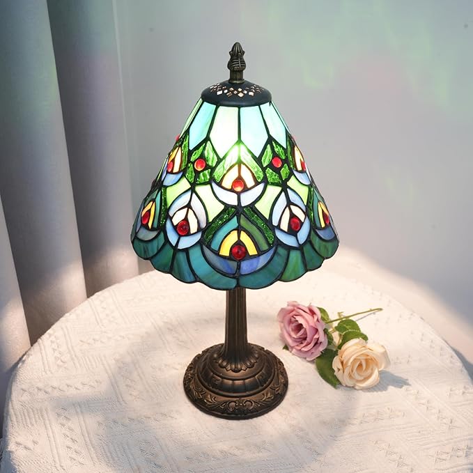 Green Peacock Decor Small Tiffany Style Table Lamp Antique Stained Glass Lamps Vintage Bedroom Bedside Reading Light Living Room Hotel Bar Kitchen Home Red Glass Bead Cute Accent Night Light 8 Inch
