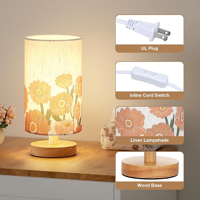 Sunflower Table Lamp for Bedroom - Inline Control, Small Bedside Lamp with 3000K A15 LED Blub, Easy Assembly (Sunflower Cream Shade, 9" Inline Control)