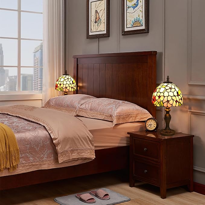 Tiffany Small Table Lamp 3 Color Temperatures Plum Blossom Flower Stained Glass Table Lamps for Living Room Bedroom Bedside Nightstand Home Office Desk Light W/LED Bulb 8X8X15Inch