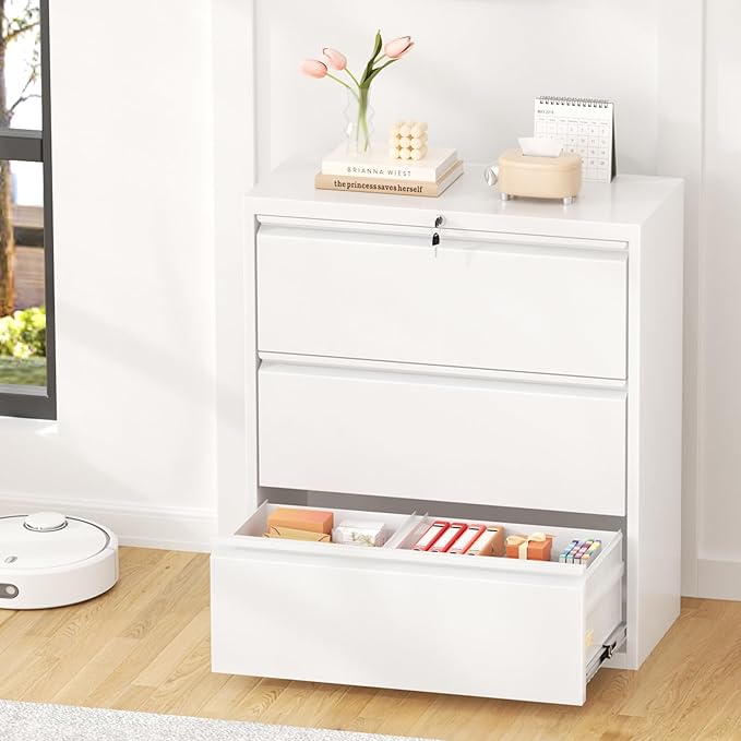 Greenvelly 3 Drawer Lateral File Cabinet with Lock, White Filing Cabinet for Home Office, Locking Metal File Cabinet for Legal/Letter/A4/F4 Size with Hanging Bars&Key