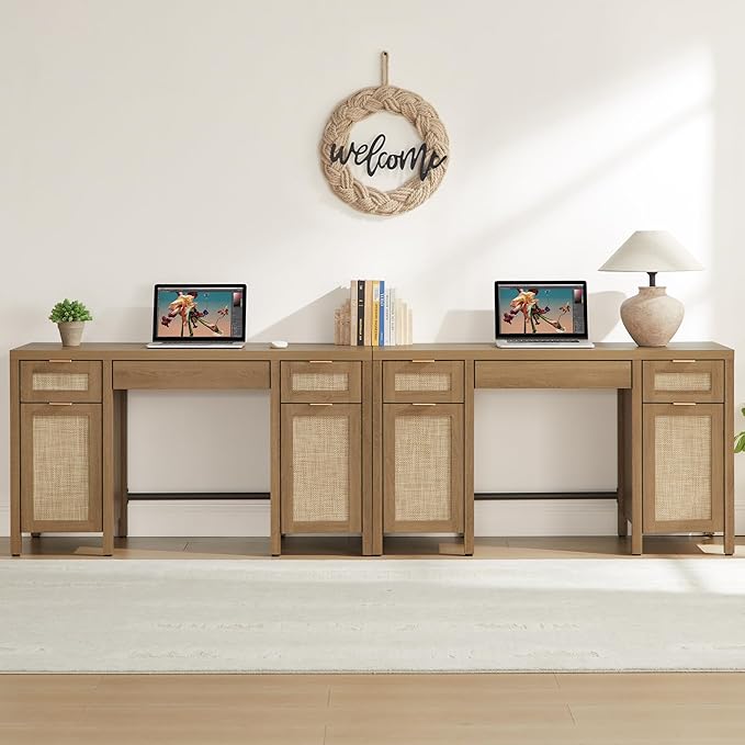 SICOTAS Home Office Desk with Storage - Rattan Executive Desk with Drawers and Cabinets, Farmhouse Boho Larger Computer Writing Table for Study, Office, Living Room, Oak (2 Pieces)