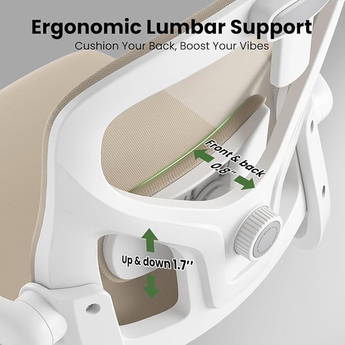 Soohow Ergonomic Office Chair, Office Mesh Desk Chair with Adjustable Lumbar Support Armrests, Comfy Computer Desk Chair with Headrest, for Home and Office, White & Khaki
