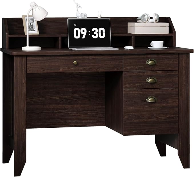 4 EVER WINNER Small Desk with Drawers, Wood Desk with Monitor Stand, Computer Desks with File Drawer, Small Spaces, Espresso