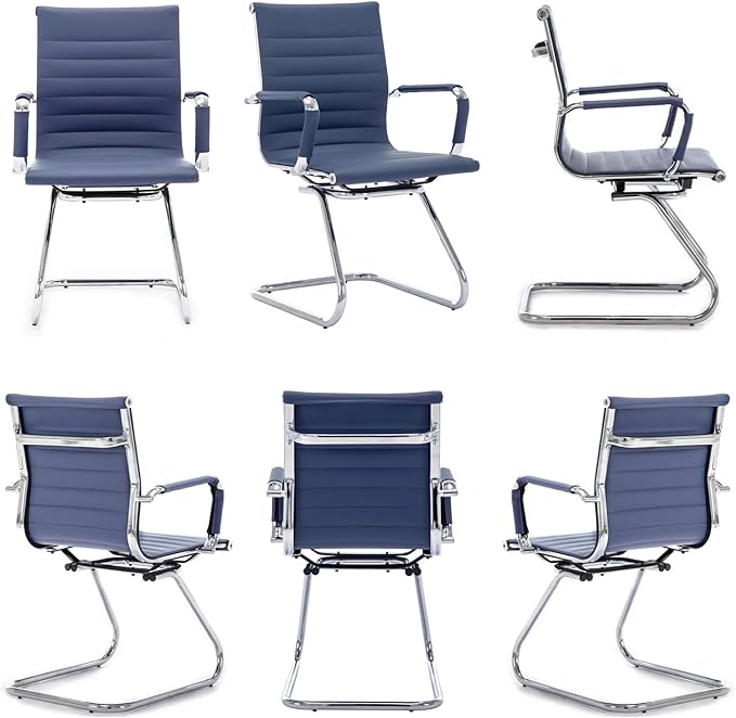 Wahson Office Guest Chairs Set of 6, Leather Reception Chairs, Mid Back Waiting Room Chair, Conference Chairs with Sled Base, Desk Chair No Wheels for Meeting/Lobby/Restroom, Navy Blue