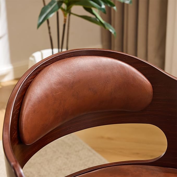 VINGLI Armless Home Office Desk Chair, Adjustable Swivel Chair,Dual-Use with/no Wheels,Small Retro Designed Walnut Curved Task Chair,Cushioned Nail Tech Chair for Study Area,Workspace,PU,Brown