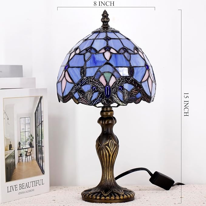 Small Tiffany Lamp Stained Glass Table Lamp Mini Desk Accent Light for Bedroom Bedside Reading Home Antique Style Decor 8X15 Inches (Blue Baroque)