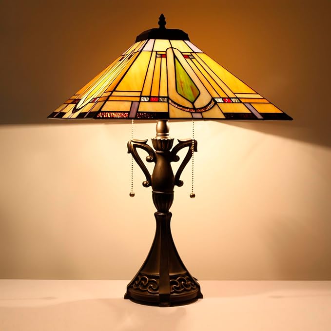 Tiffany Table Lamp Stained Glass Geometry Mission Style Desk Reading Light 16X16X24 Inch for Bedroom Living Room Home Office