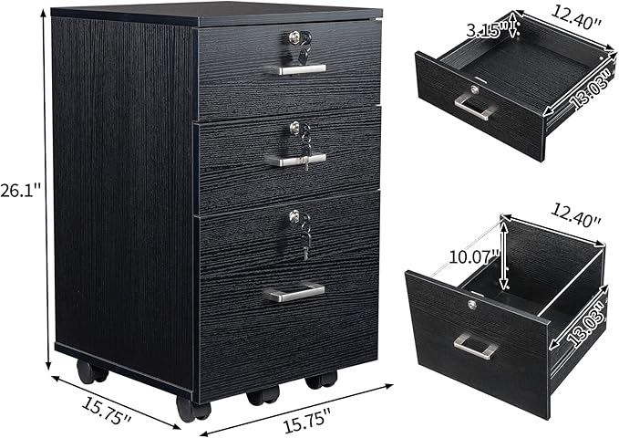 Karl home Wooden File Cabinet, 3 Drawer Vertical File Cabinets with 3 Lock,Printer Stand Mobile Storage Cabinet,Filing Storage Drawer for Home,Office,Black(15.75" L x 15.75" W x 26.1" H)