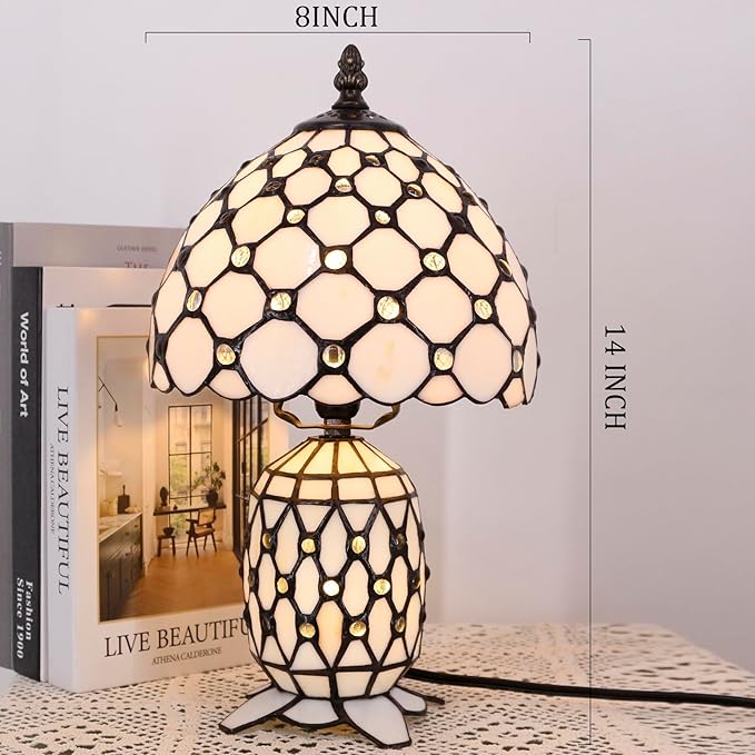 Small Tiffany Lamp Stained Glass Table Lamp Mini Mother Daughter Vase Desk Accent Night Light for Bedroom Bedside Reading Home Antique Style 8X14 Inches (White Yellow)
