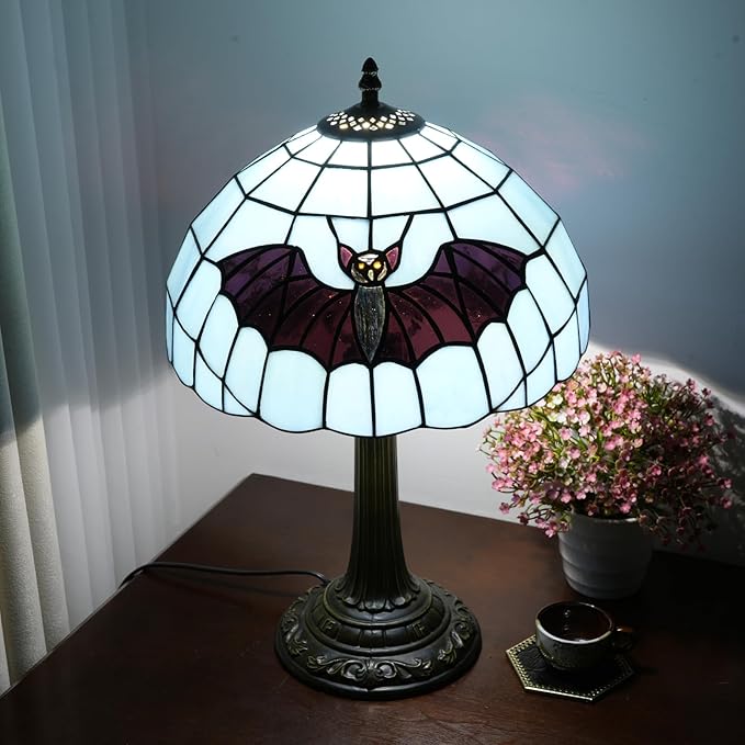 Retro Blue bat Style Stained Glass Table lamp Tiffany Lamps Living Room Office Hotel Bar Kitchen Desk Reading Bedroom Bedside Table Lamp Holiday Gift Halloween Home Decoration 12X19 inches