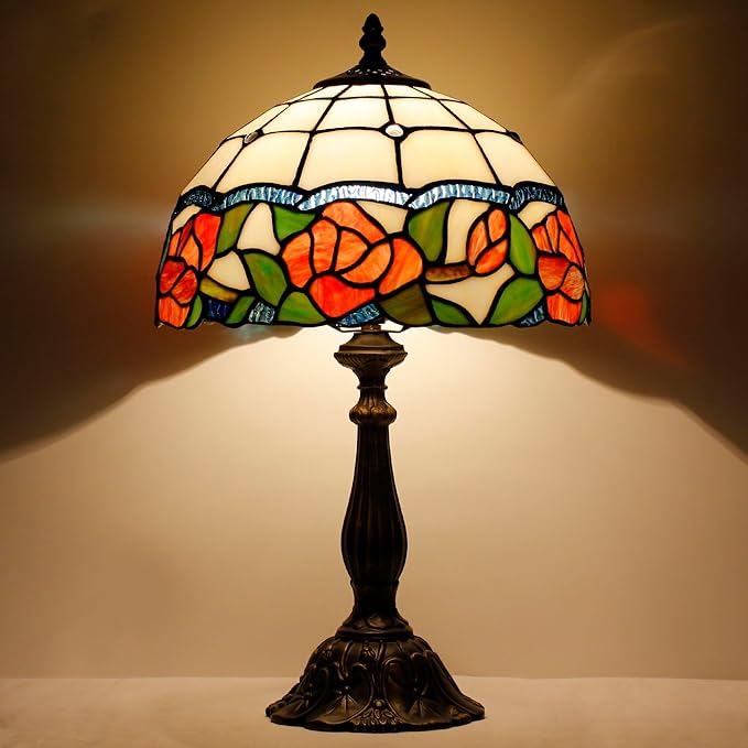 Tiffany Lamp Touch Control Table Lamp Red Rose Flower Style Stained Glass Desk Lamp 12X12X19 Inches Reading Light