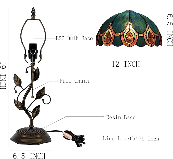 Tiffany Table Lamp, Stained Glass Style Desk Lamp, 12X12X19 Inch,Bedside Reading Light, Metal Leaf Base (Peacock Crystal Style)