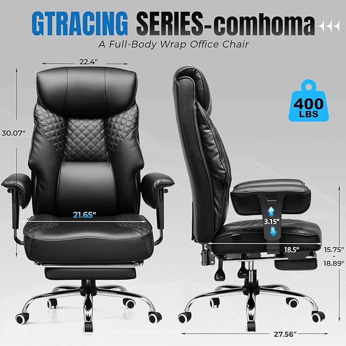 GTRACING Big and Tall Office Chair 400LBS Wide Ergonomic Gaming Chair with Deluxe Embossing Designed Leather with Foot Rest,150°Reclining Adjustable Soft Armrests Pocket Spring Back Support and Pillow