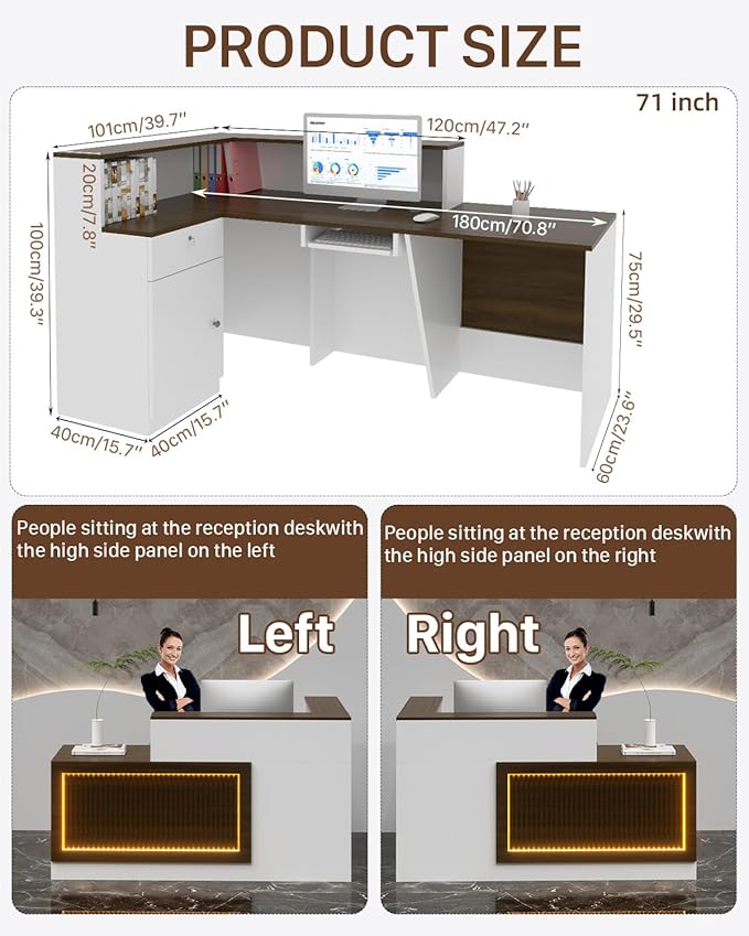 L-shaped Reception Desk, Solid Wood Reception Desk with Counter, Check out Stand with Lockable Drawer & Cabinet, Retail Checkout Counter for Office, Store, Beauty Salon (L-Shaped-Dark Walnut-R, 71in)