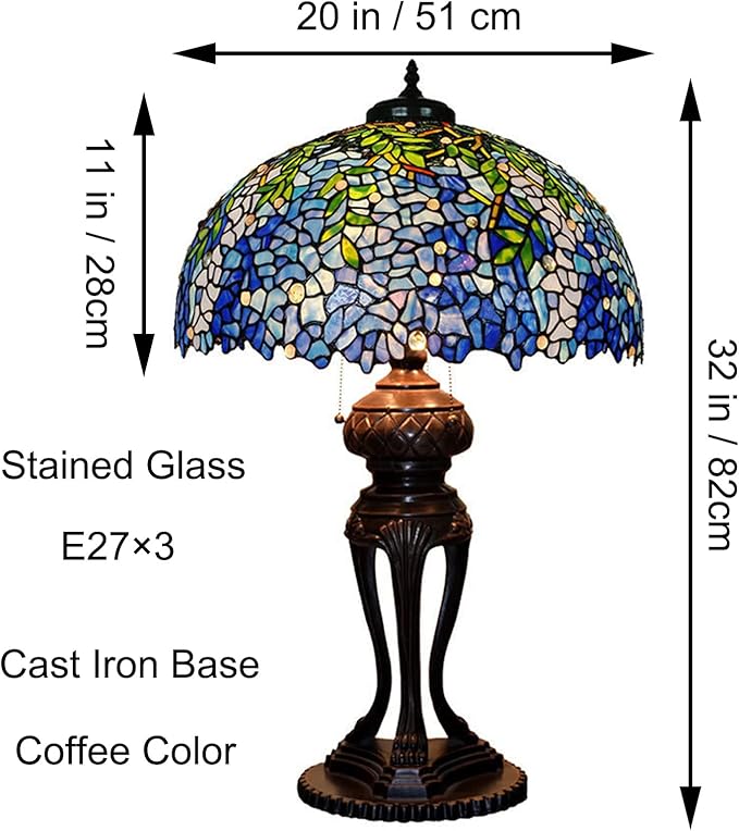 Tiffany Lamp Table Lamp Rose Dragonfly Tulip Wisteria Grape Peach Kapok Peony Apple Flower Design Stained Glass Lampshade Desk Lamp for Girl Living Room Iron Base W20 XH32,Wisteria
