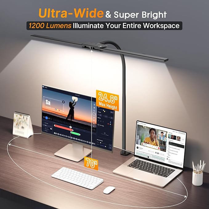 Syrinx LED Desk Lamp for Home Office ā Eye-Caring Dual Head Desk Light with Flexible Gooseneck, Clamp, Gesture/Wired Control, 50 Lighting Modes with Memory/Timer for Study, Crafting