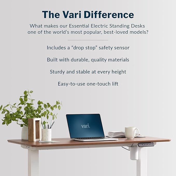 Vari Essential Electric Standing Desk for Home Office – 48x24 Sit-Stand VariDesk, 4 Memory Height Presets, 2-Piece Laminate Wood Top, Sturdy T-Style Legs, Supports 150 Lbs + Easy Assembly (Hazel Wood)