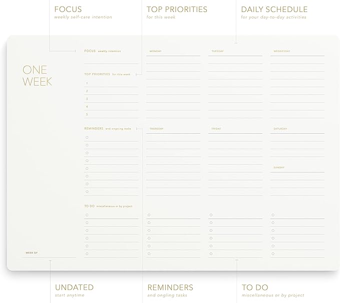 One Week - Elegant Undated Weekly Desk Planner, Gold Foiled, A4, Minimalist Weekly To Do List Notepad, Daily Schedule, Work Week Planner Pad, Eco-friendly, FSC™ Certified