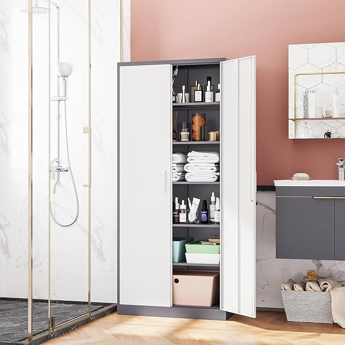 Metal Storage Cabinet-72” Tall Steel File Cabinets with Lockable Doors and 5 Adjustable Shelves-Gray&White Steel Storage Cabinet for Home, School, Office, Garage