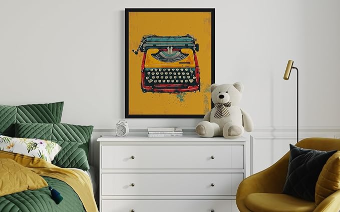 Typewriter Pop Art Poster Print, Vintage Retro Wall Art Decor Paintings Classic Artwork for Bedroom Living Room Decorations. 43 (Typewriter, 24 x 36 inches, Black Frame)