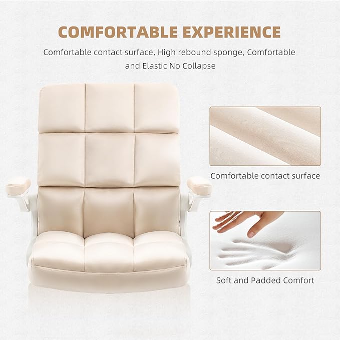 SEATZONE Home Office Chair–Beige Velvet Desk Chair with Wheels, Comfortable Computer Work Chair with Flip-up Arms and Adjustable Tilt