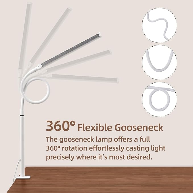 Led Desk Lamp for Home Office, Eye-Caring Desk Light with Clamp, Clip on Light for Reading, 3 Modes 10 Brightness, Flexible Gooseneck, Memory Function, Study, Work, Draw, White