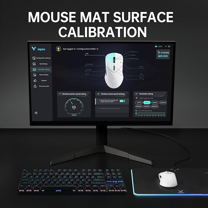 Rapoo VT9PRO 4K Wireless Gaming Mouse, PAW 3398 Sensor, 26000 DPI, 4KHz Polling Rate, 0.25ms Response Time, Lightweight, 10 Programmable Buttons, 180h Battery Life, On-Board Memory, PC - White